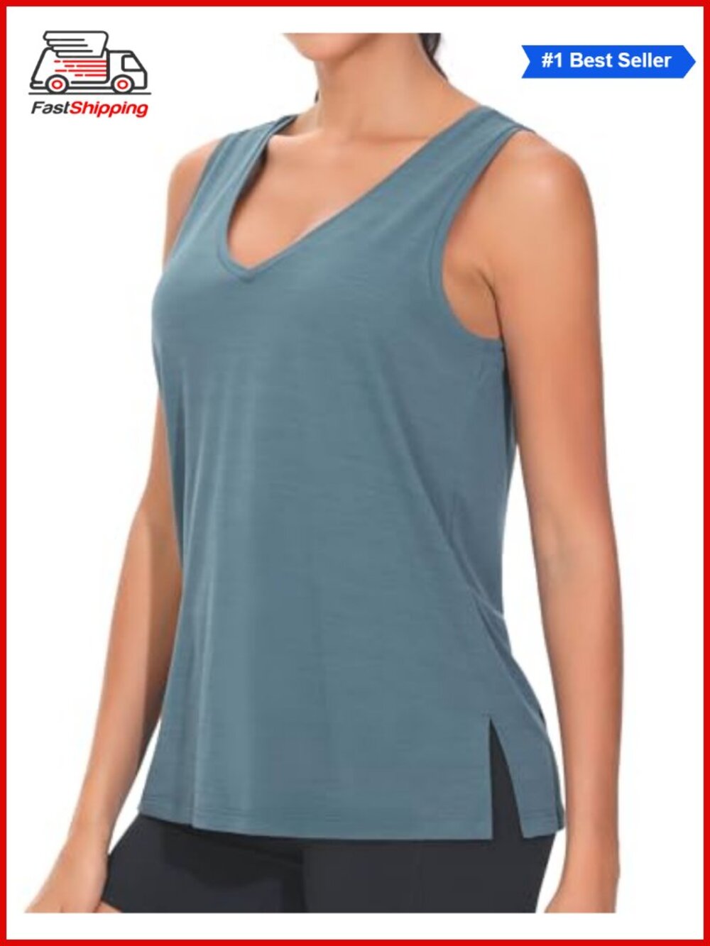 Loose Fit Workout Tank Top Sleeveless V-Neck Side Split Yoga Shirt